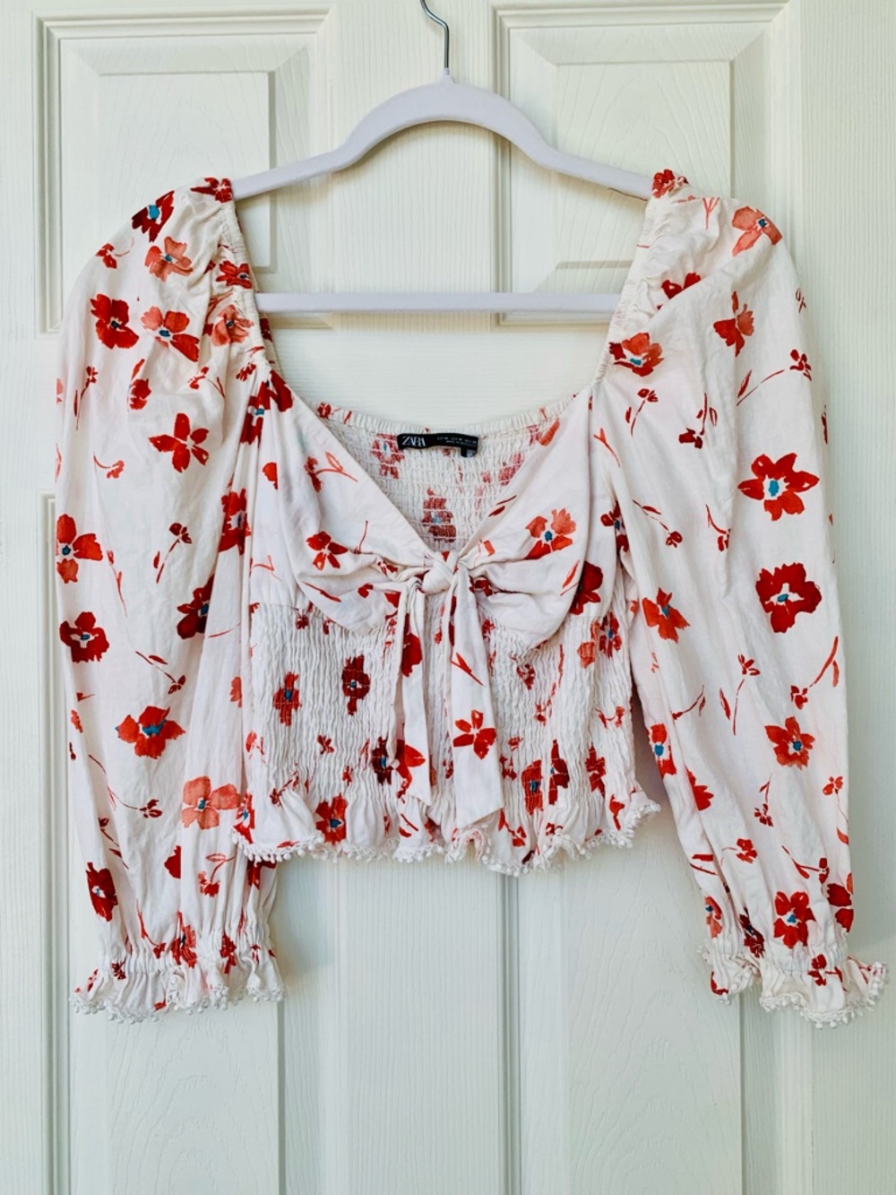 Zara Cream Floral Tie-Front Cotton Crop Top, Smocked Bodice, M, NWOT